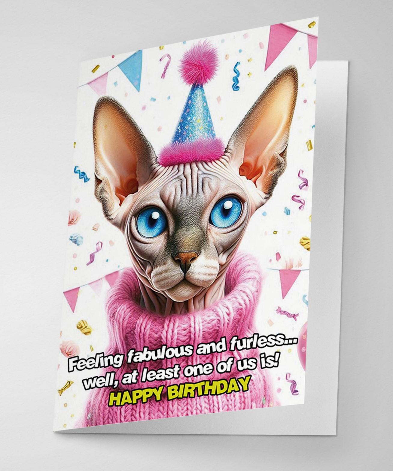 Funny Sphinx Cat Birthday Card - Furless & Fabulous Pun
