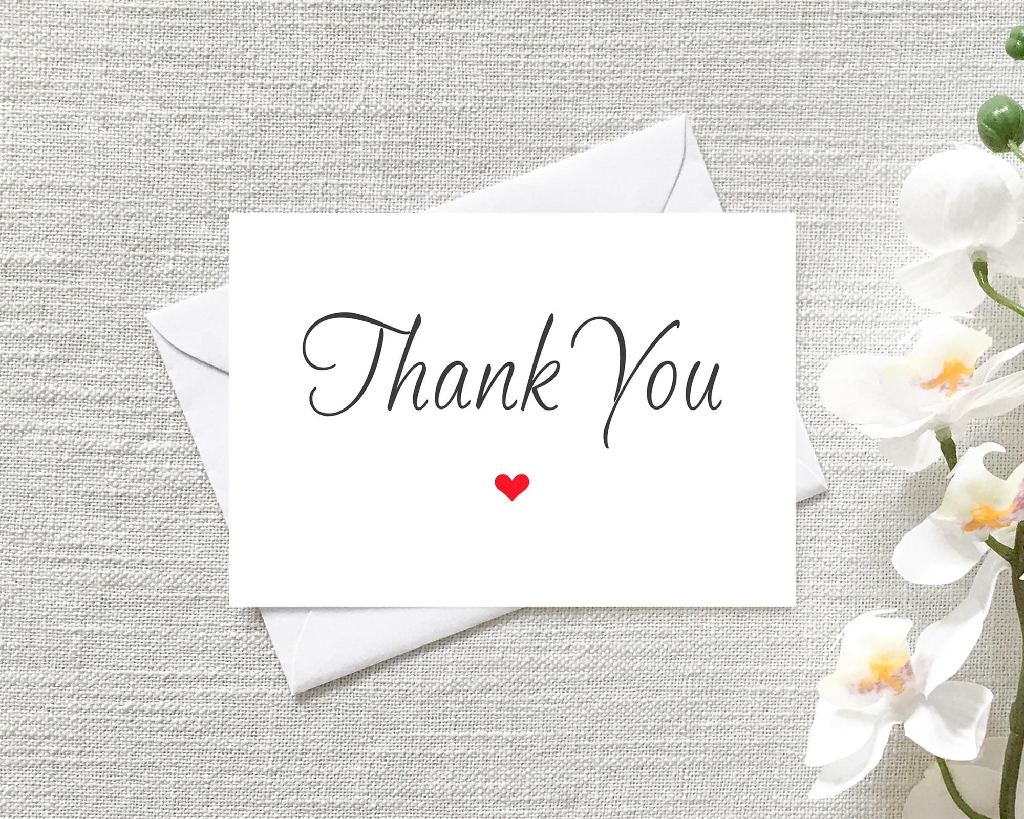 Pack of 12 Basic Thank You Flat Note Cards with Red Heart Design