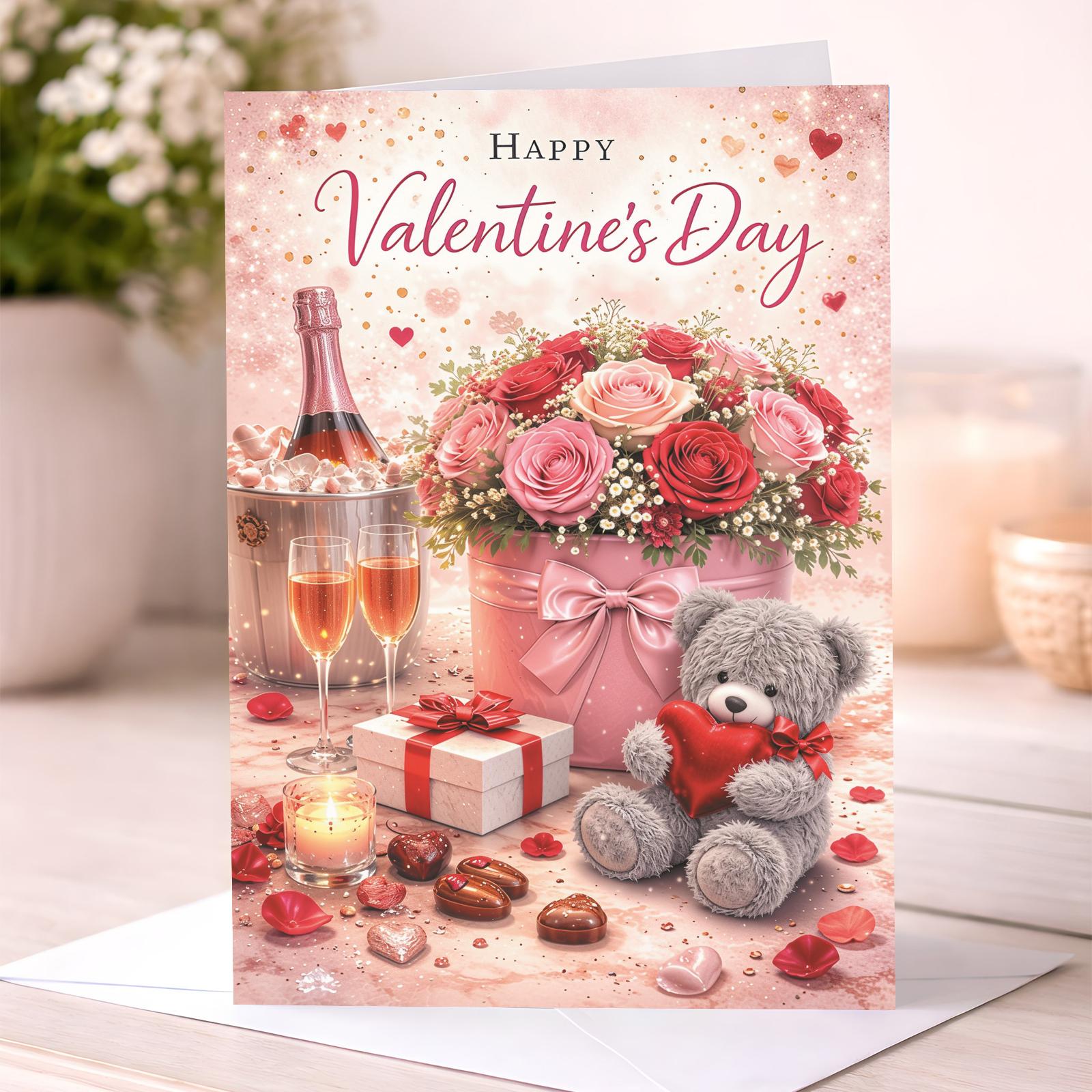 Valentine’s Day Card – Romantic Teddy Bear & Roses
