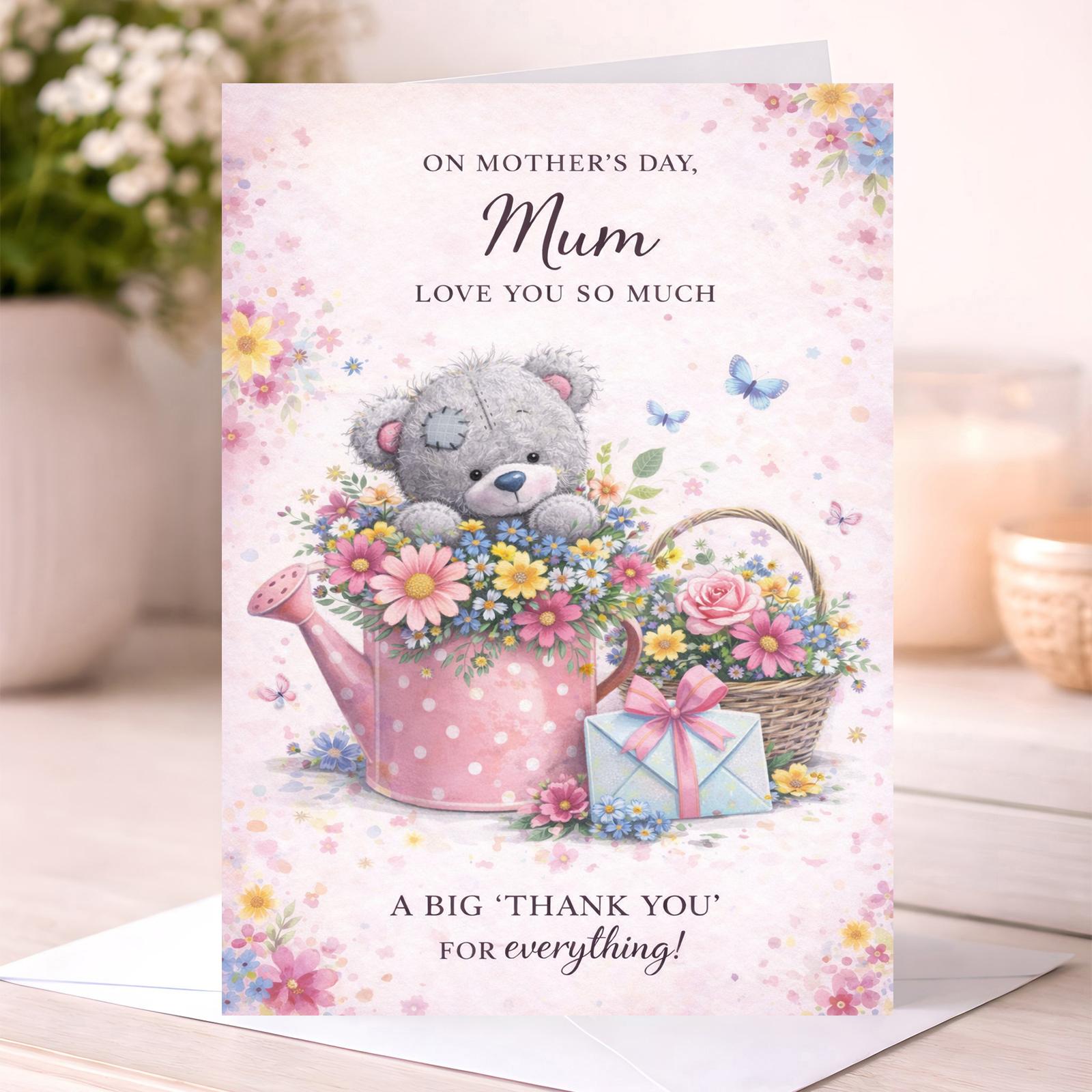 Mum Mother's Day Card Cute Teddy Bear Floral