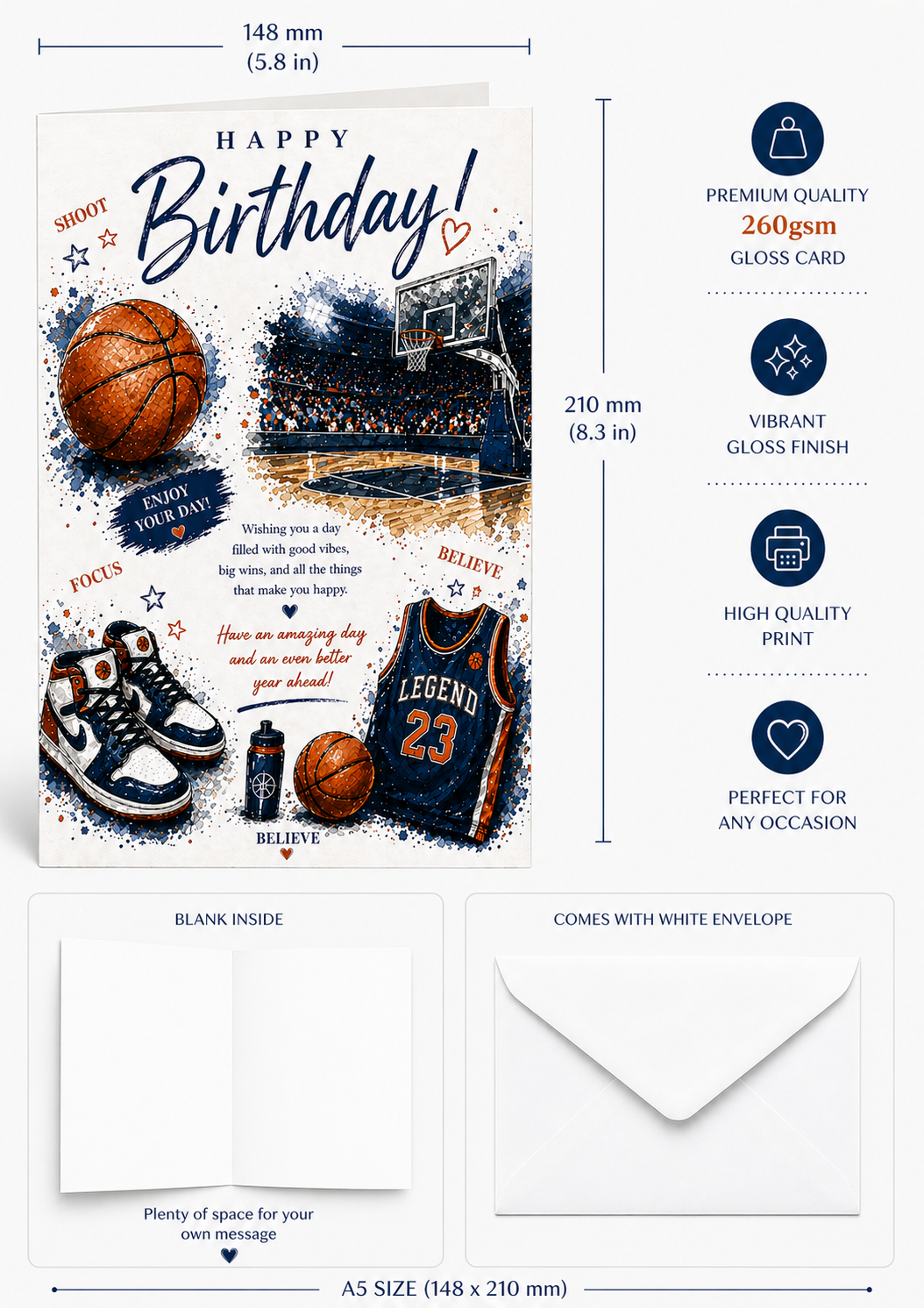 Basketball Birthday Card A5 Sports Card for Boys Teen NBA Style Blank Inside view 2
