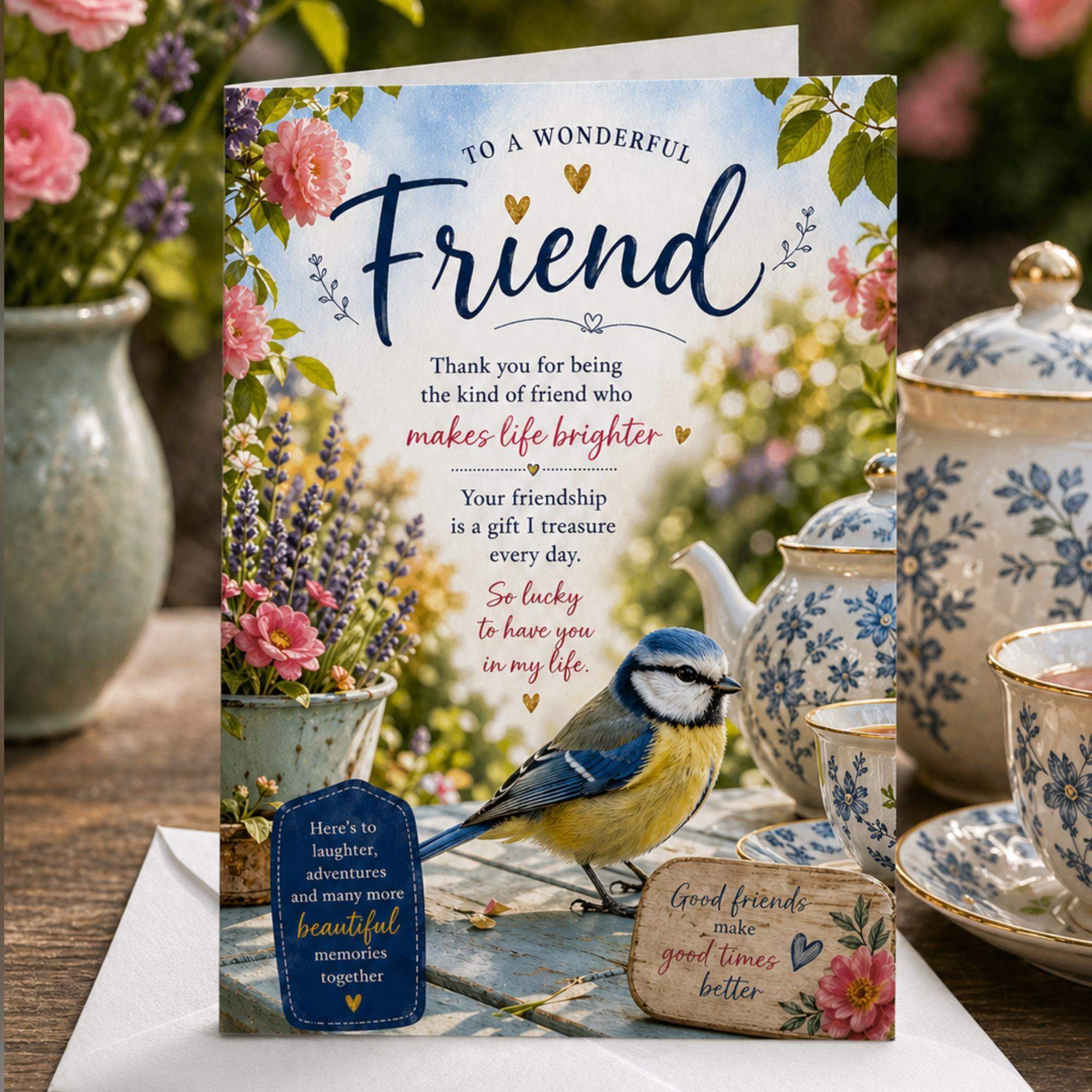 Beautiful Friend Greeting Card – Blue Tit Garden Design greeting card