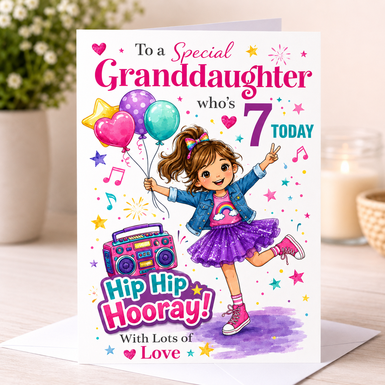 7th Birthday Card for Granddaughter – Cute & Colourful Design | Age 7 Girls greeting card