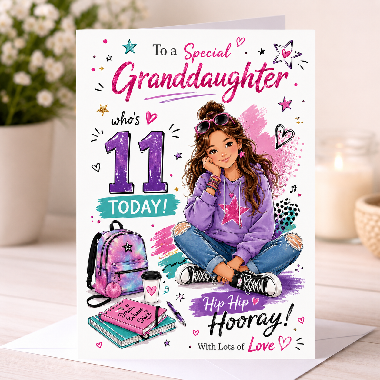 11th Birthday Card for Granddaughter – Trendy Purple & Pink Design | Age 11 Girl greeting card