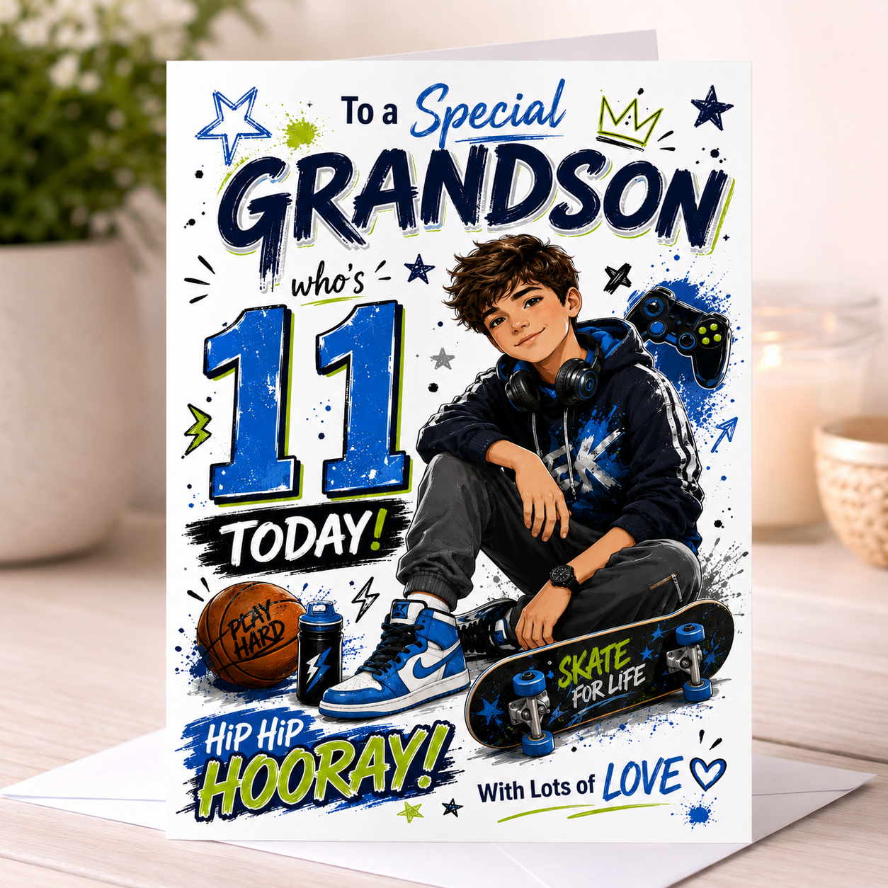 Share 11th Birthday Card for Grandson – Cool Gaming & Skate Design greeting card