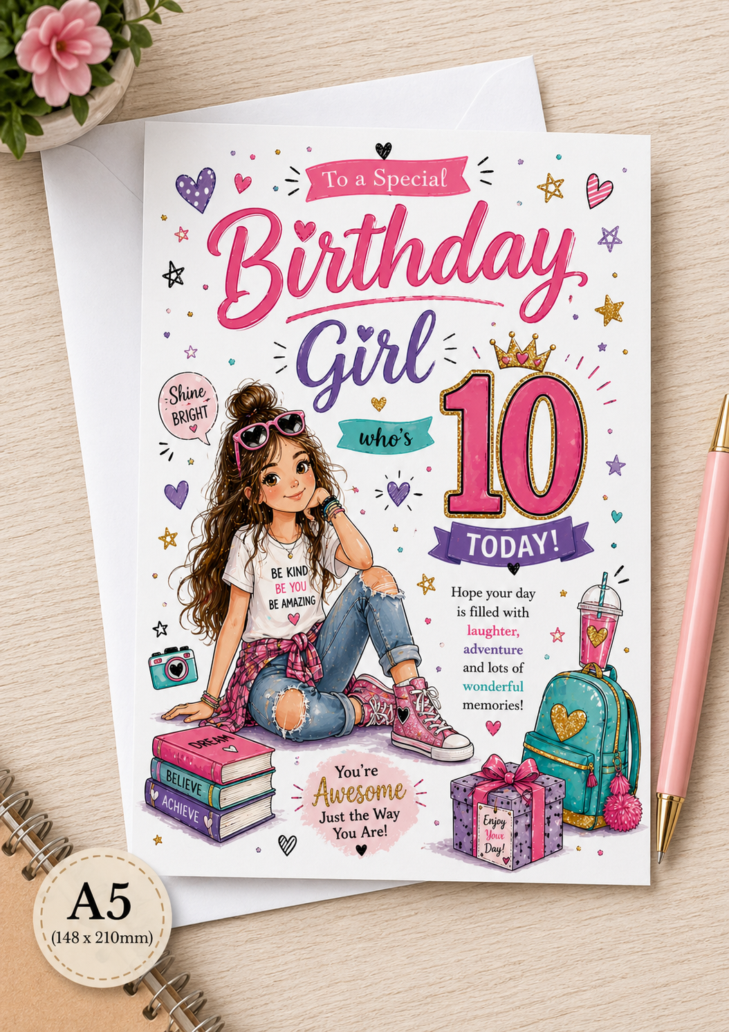 10th Birthday Card for Girl – A5 Gloss Finish | Cute Pink Age 10 Birthday Card greeting card