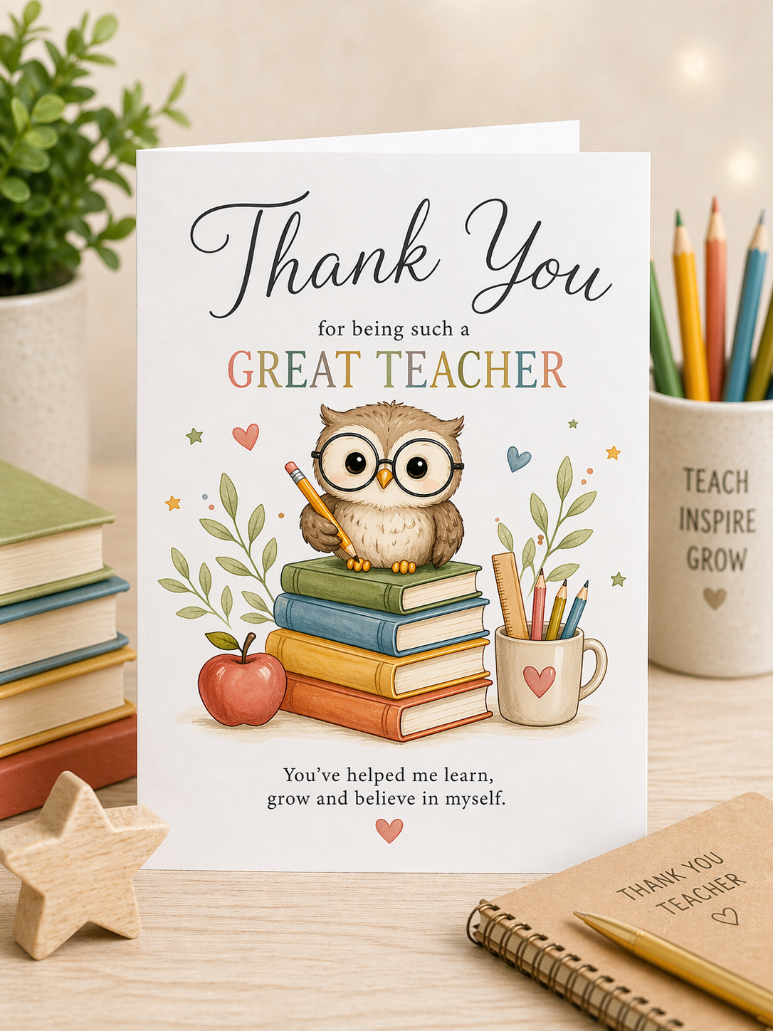 Thank You Teacher Card A5 Cute Owl Design Teaching Assistant End of Term Gift – personalised greeting card