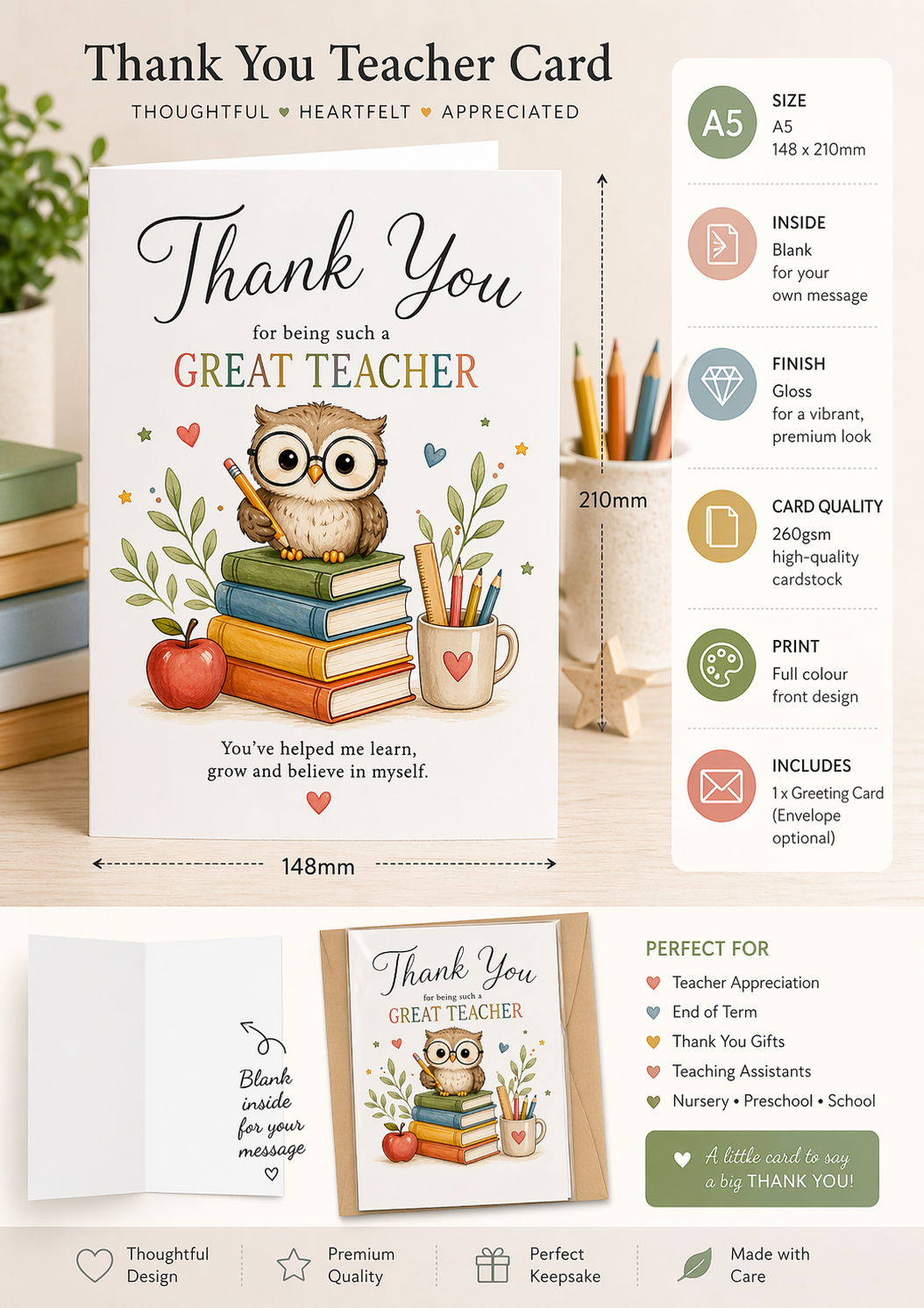 Thank You Teacher Card A5 Cute Owl Design Teaching Assistant End of Term Gift view 2